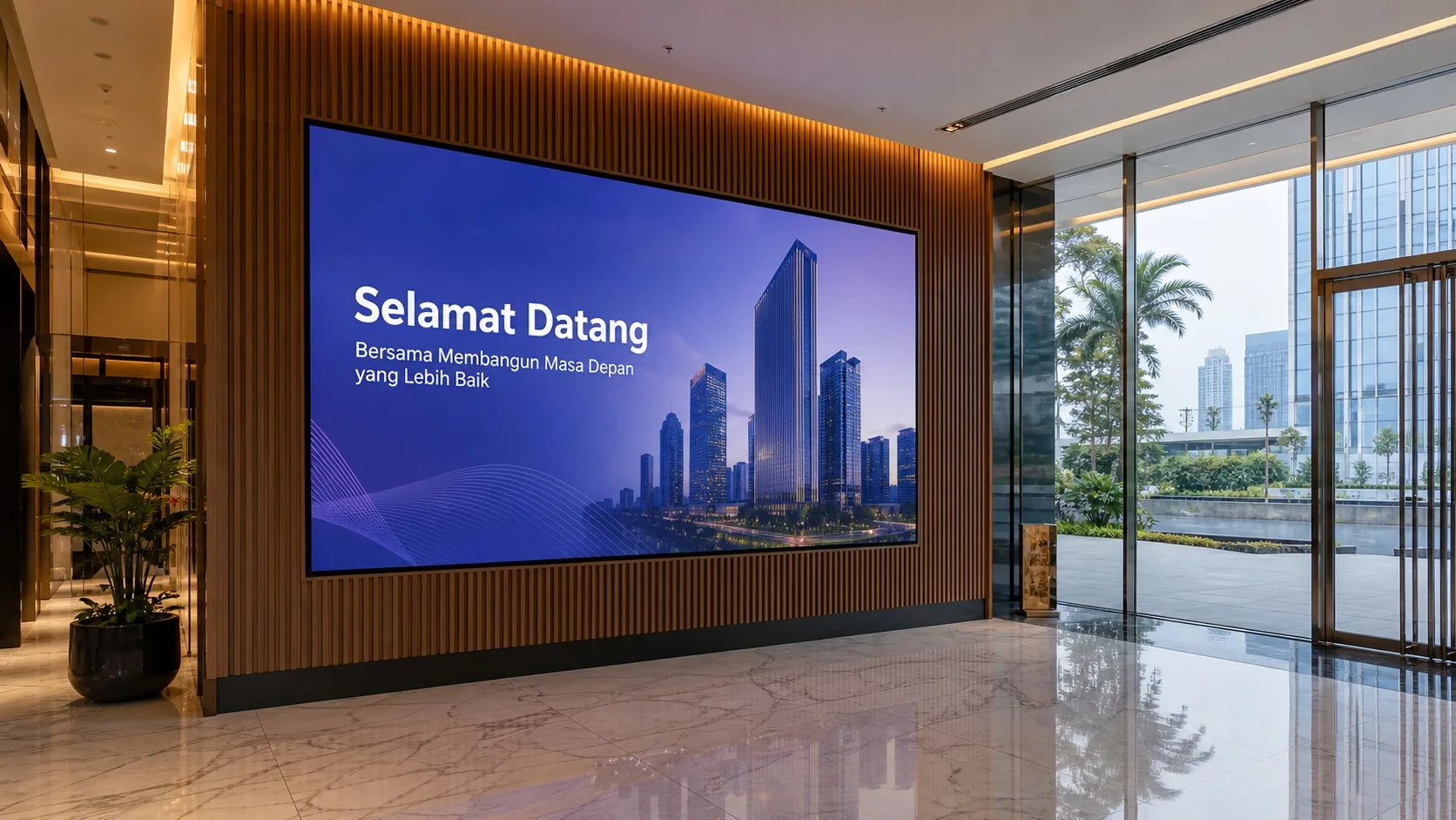 Videotron LED indoor di lobby gedung perkantoran modern menampilkan welcome message